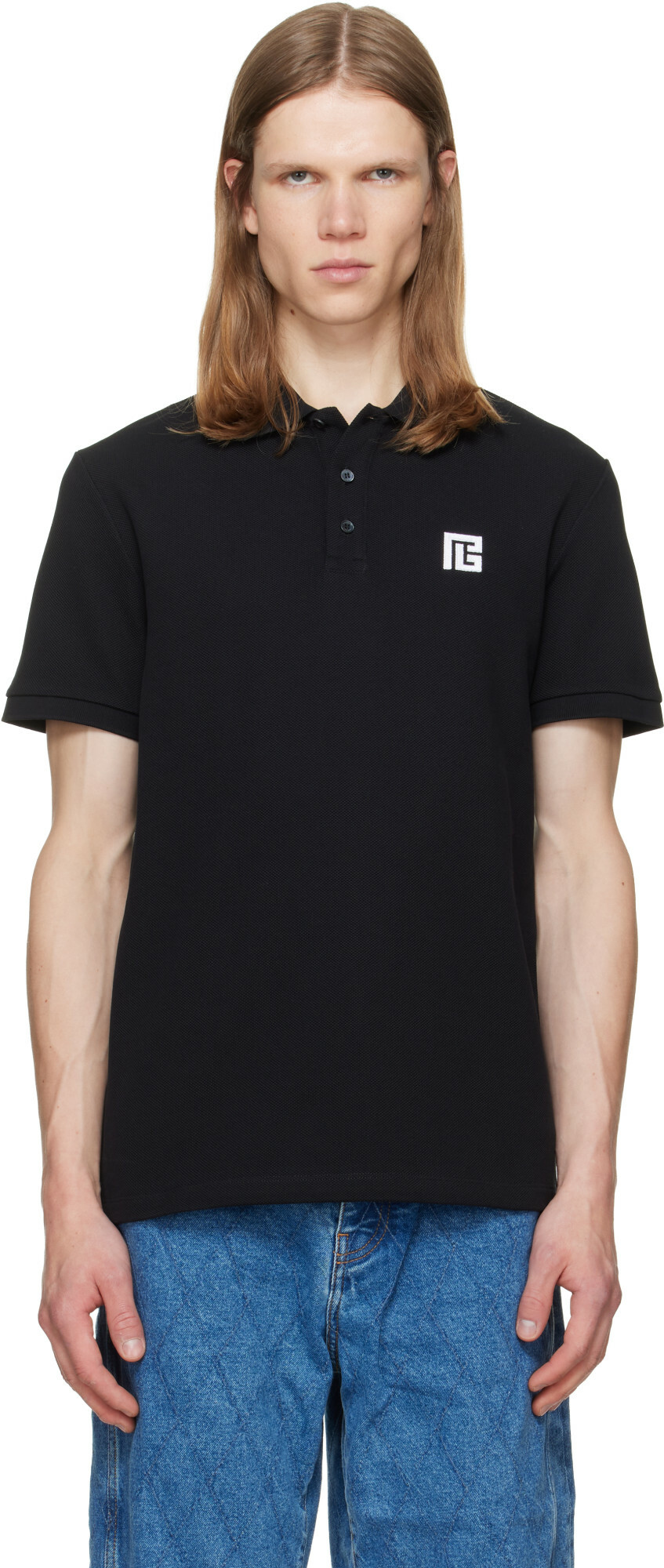 BALMAIN Black Embroidered Cotton Polo