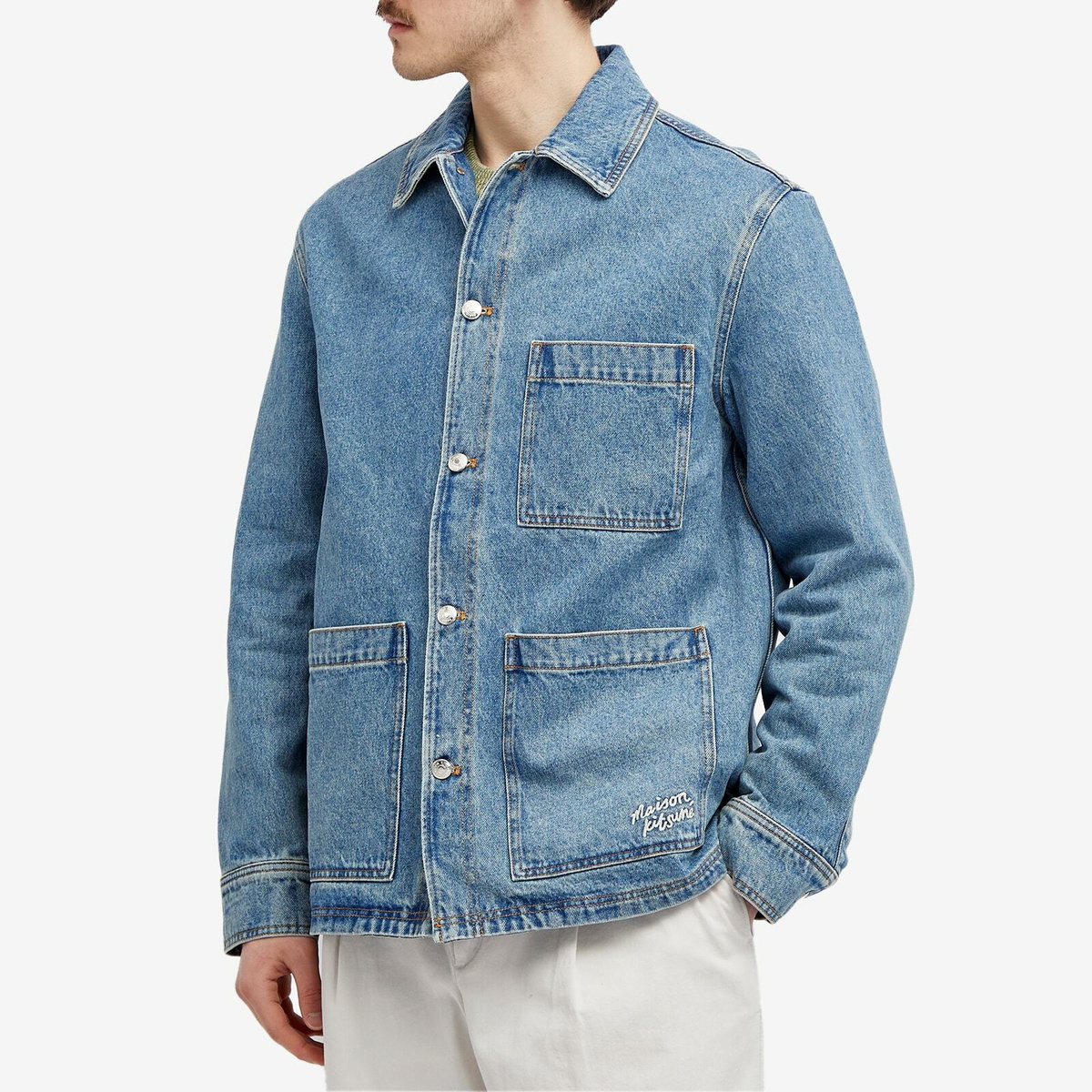 Maison Kitsuné Men's Denim Work Jacket in Light Stone Indigo