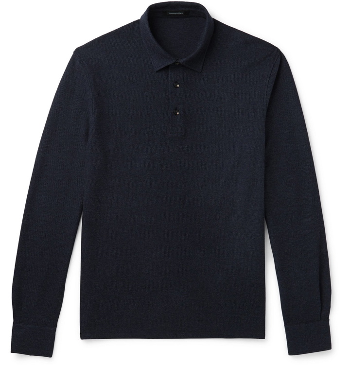 Photo: Ermenegildo Zegna - Suede-Trimmed Cotton and Cashmere-Blend Piqué Polo Shirt - Blue