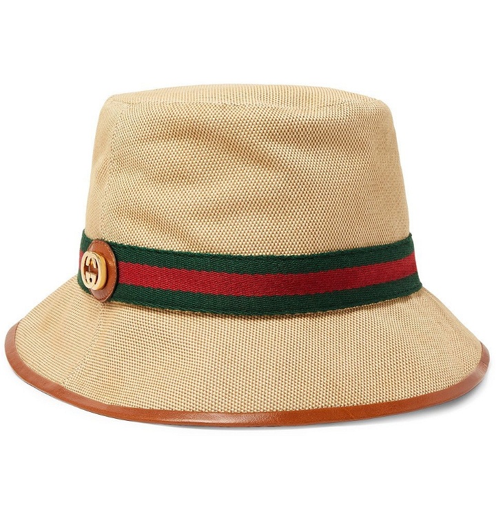 Photo: Gucci - Logo-Appliquéd Striped Webbing-Trimmed Canvas Bucket Hat - Beige