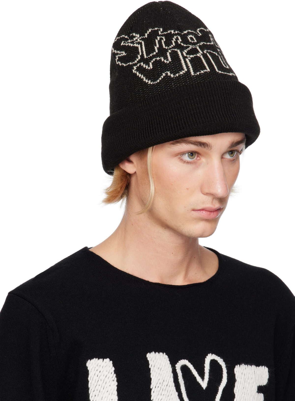 Comme des Garçons Shirt Black Jacquard Knit 'STRONG WILL' Beanie