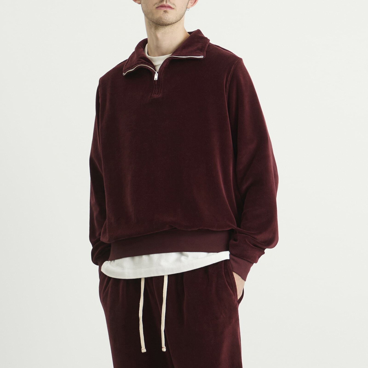 Les Tien Men's Velour Branded Half Zip Yacht Pullover in Washed Red Mahogany
