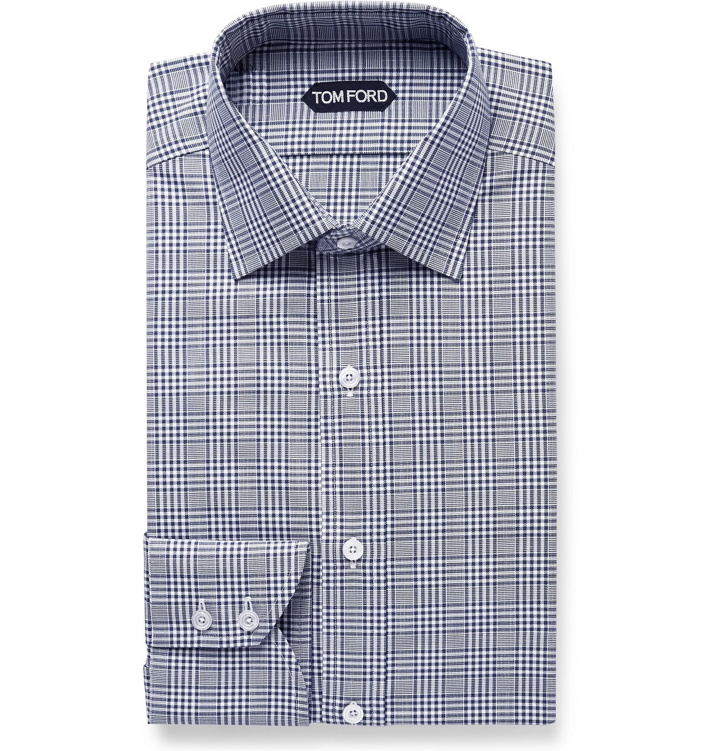 Photo: TOM FORD - Navy Slim-Fit Prince of Wales Checked Cotton-Poplin Shirt - Blue