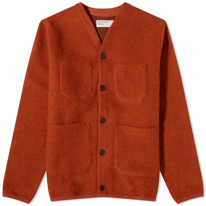 Photo: Universal Works Men's Wool Fleece Cardigan in Orange