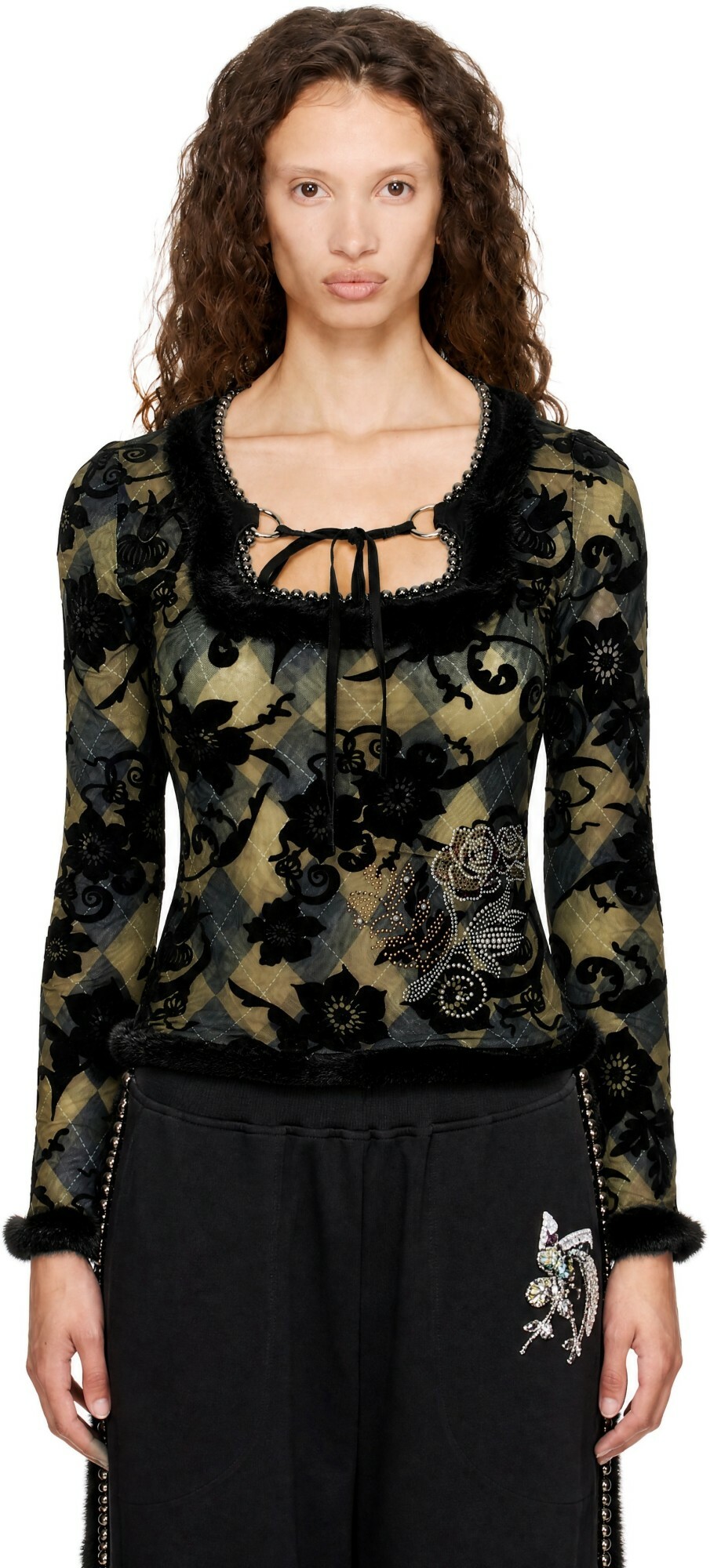 Chopova Lowena Black & Green Dew Sweeper Mesh Blouse