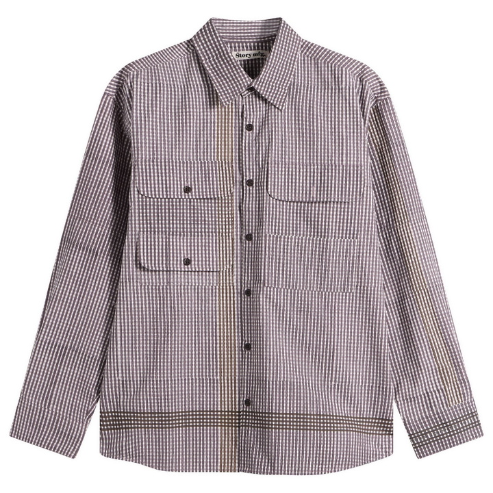 Photo: Story mfg. Men's Hand Block Printed Harvest Shirt in Crispy Purple Gingham