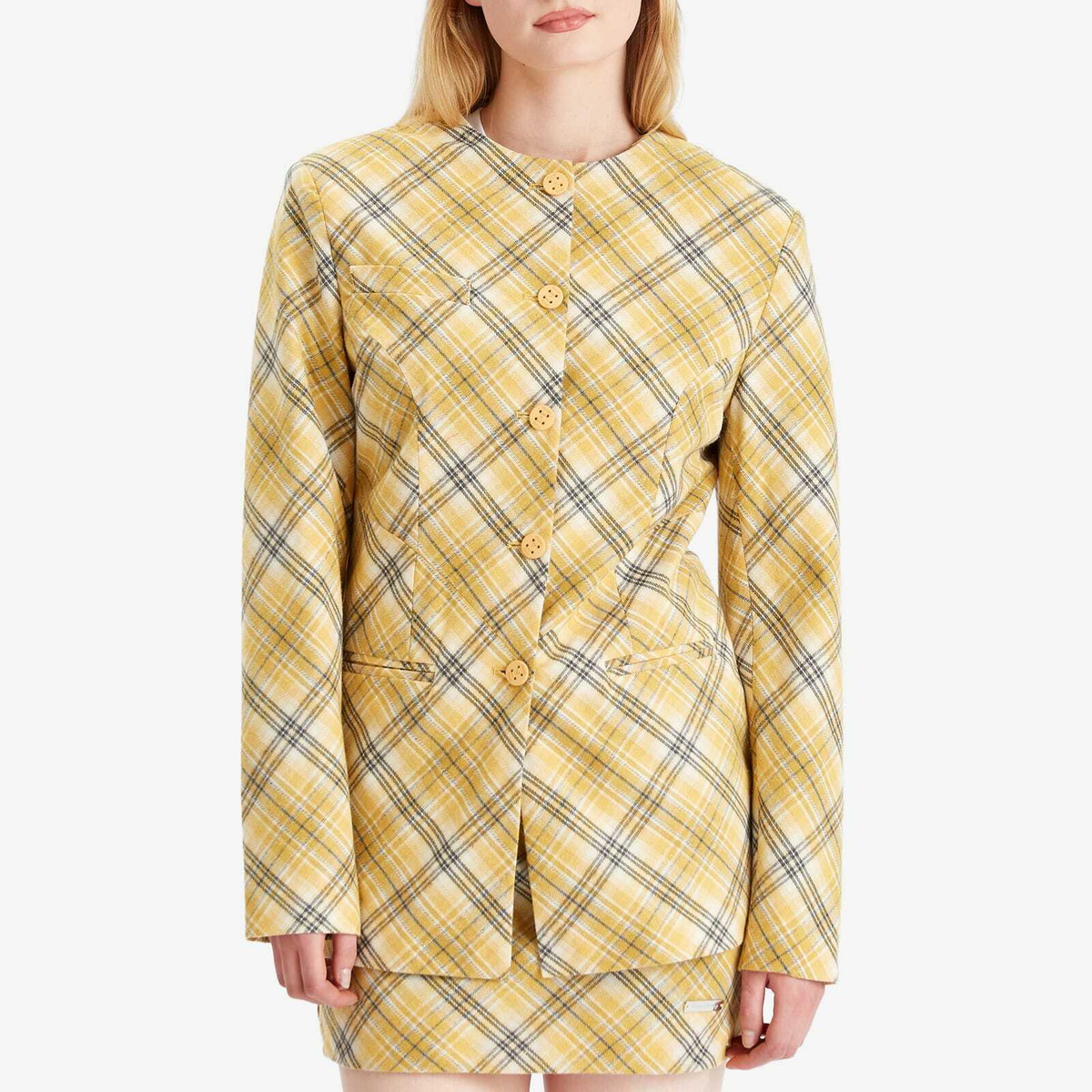 House Of Sunny Women's Check Collarless Blazer Jacket in Multi