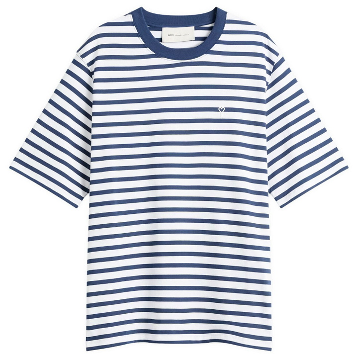 Photo: AMI Paris Men's Short Sleeve Boxy Fit Mariniere T-Shirt in Encre/Blanc