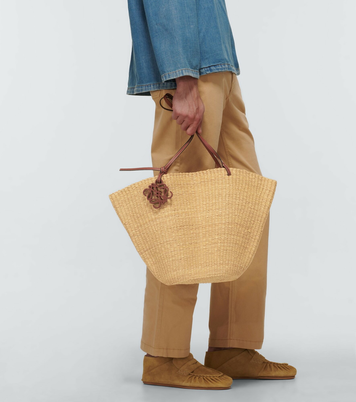 LOEWE Shell small leather-trimmed raffia tote