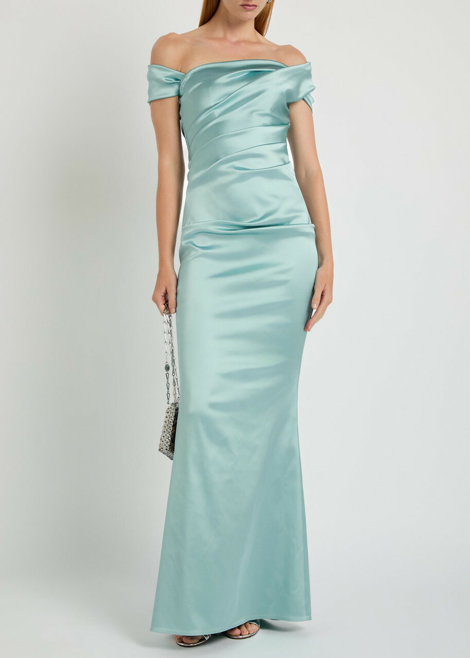 Talbot Runhof Asymmetric Off-the-shoulder Satin Gown Light Blue