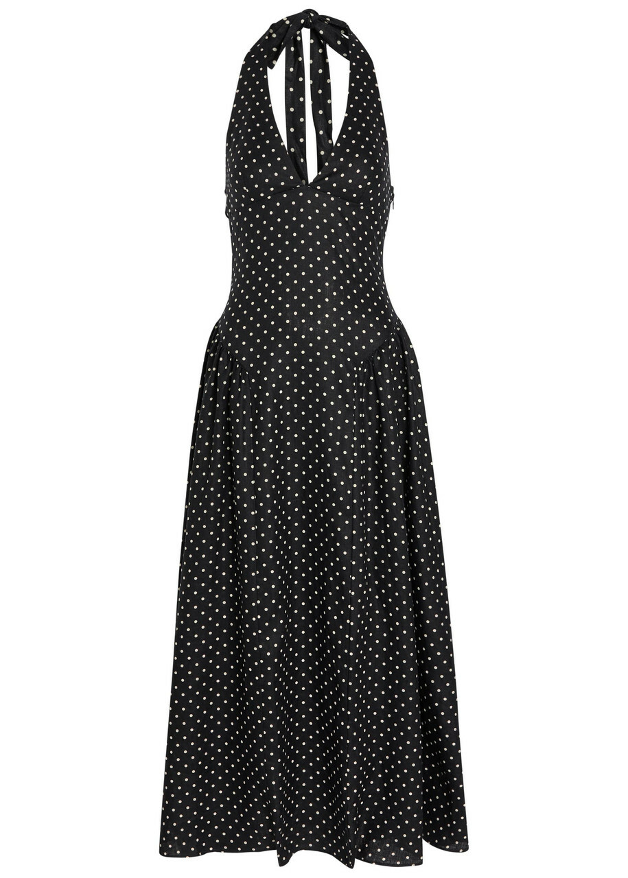 Faithfull The Brand La Cala Polka dot Linen Midi Dress Black And White