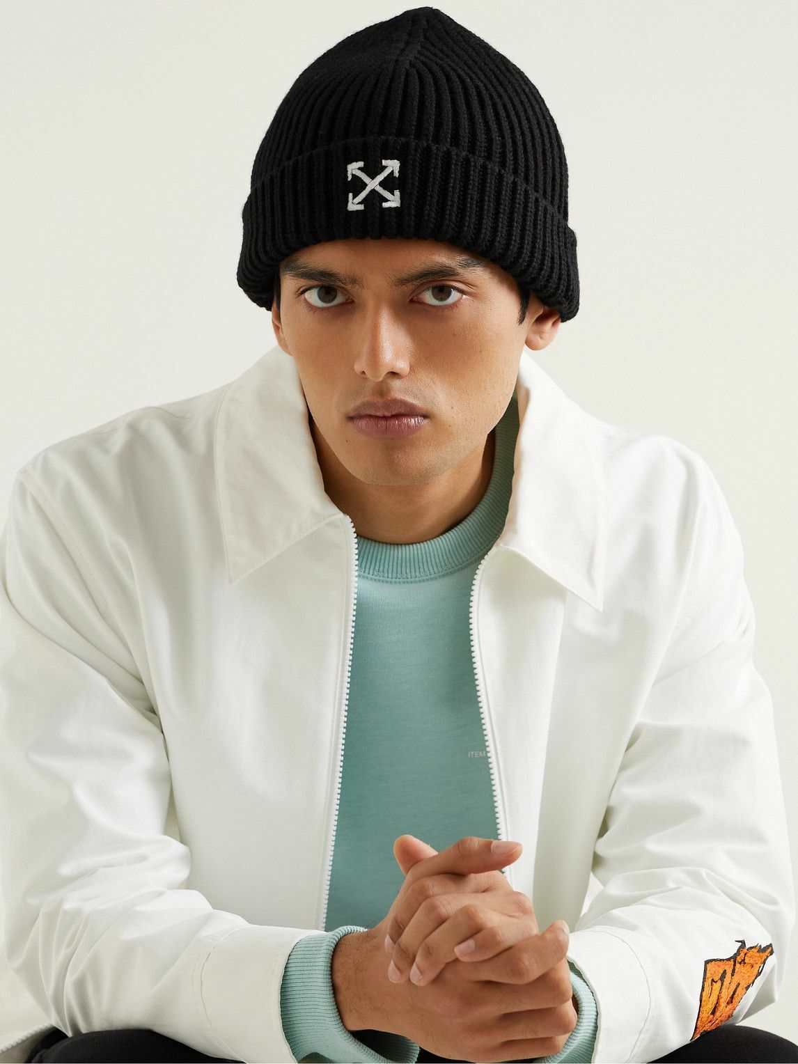 Off-White Logo-Embroidered Beanie Bookish Classic Knit Beanie Black - Whit in BLACK for Men  main image 4