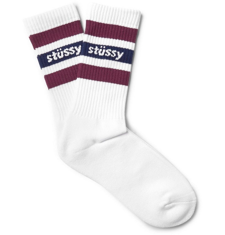 Photo: Stüssy - Striped Ribbed Stretch Cotton-Blend Socks - White