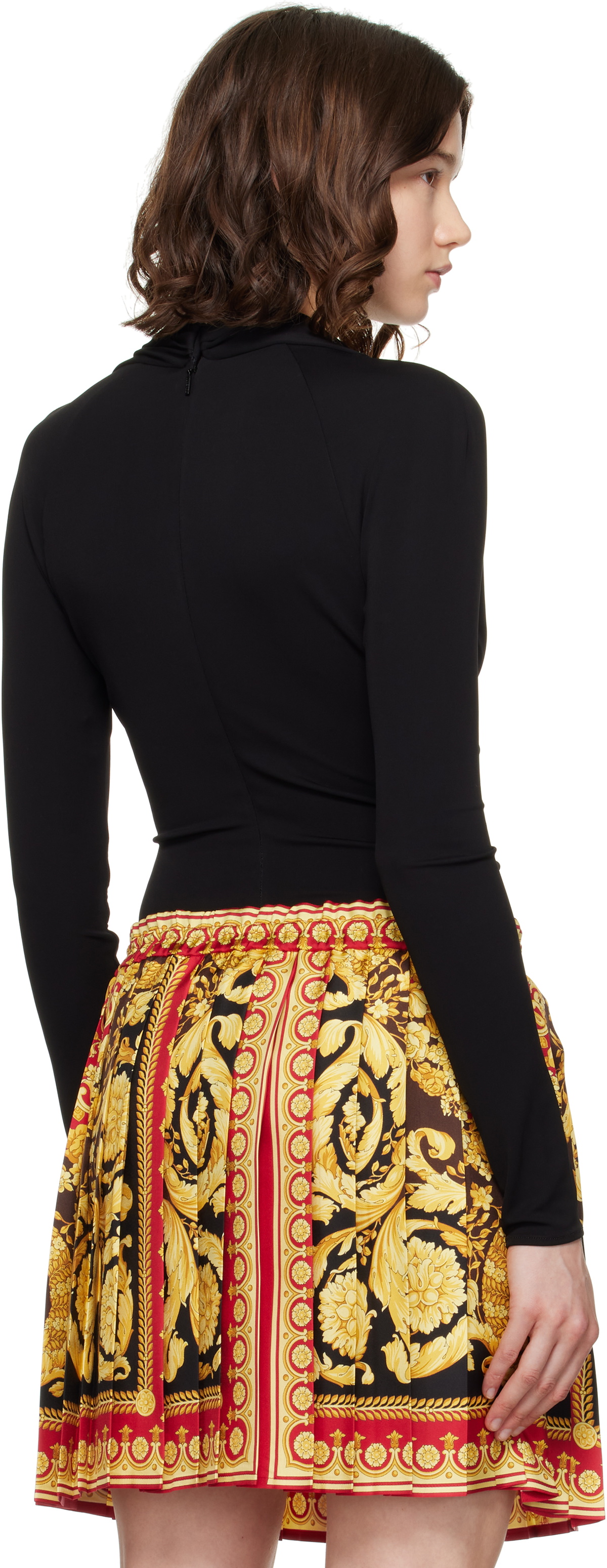 Versace Black Safety Pin Draped Fitted Bodysuit