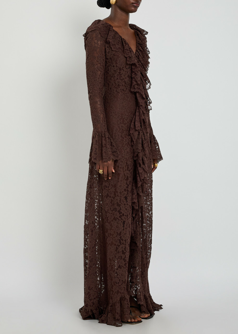 DE LA Vali Clementina Ruffled Guipure Lace Maxi Dress Brown