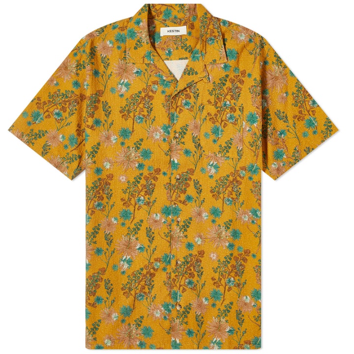 Photo: Kestin Men's Crammond Short Sleeve Shirt in Ochre Thistle Print