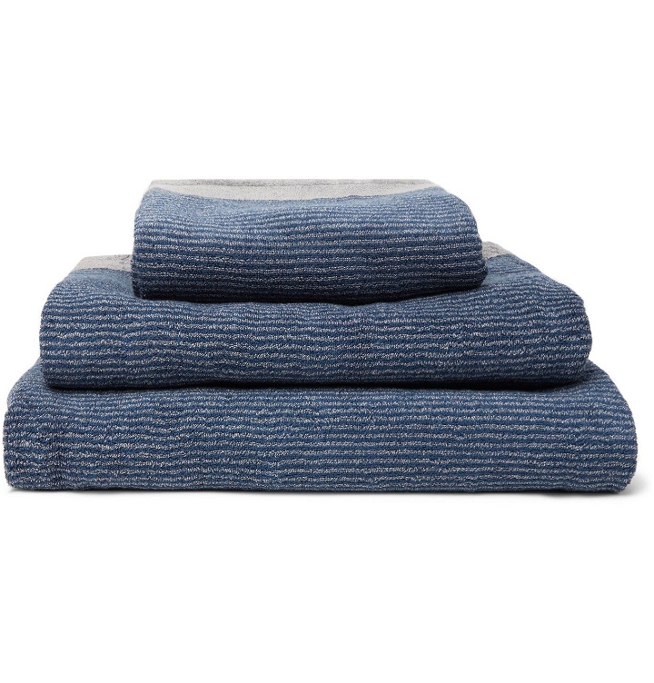 Photo: Cleverly Laundry - Set of Three Pinstriped Cotton-Terry Bath Towels - Blue