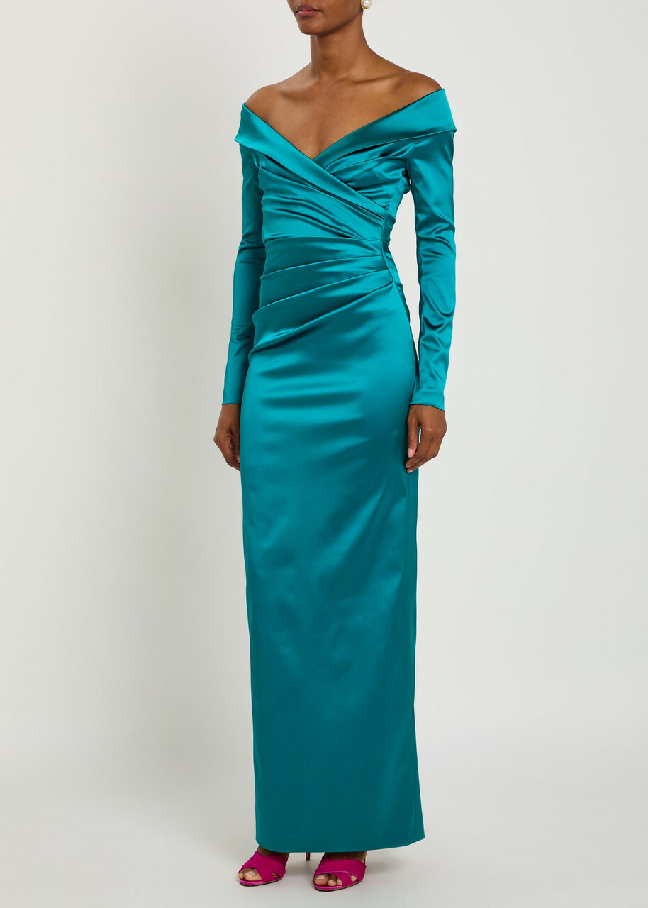 Talbot Runhof Off-the-shoulder Gathered Satin Maxi Dress Aqua