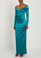 Talbot Runhof Off-the-shoulder Gathered Satin Maxi Dress Aqua
