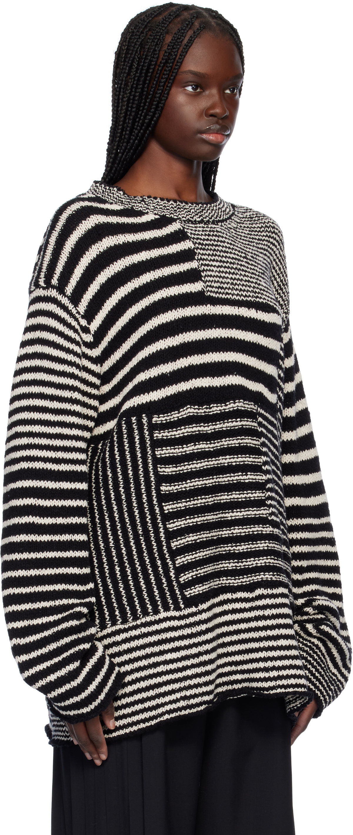 YOHJI YAMAMOTO Black & Off-White 3G1P Border Round Neck Knit Sweater
