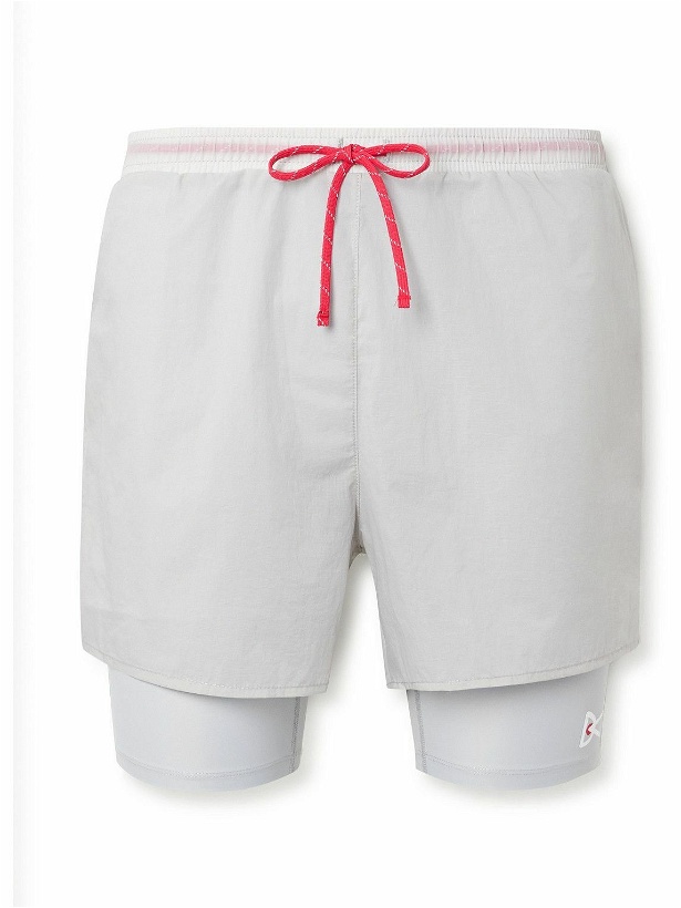 Photo: DISTRICT VISION - Straight-Leg Layered Logo-Print Stretch-Jersey and Shell Drawstring Shorts - Gray