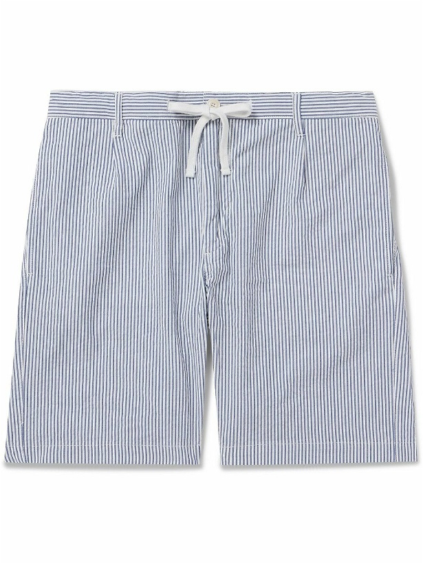 Photo: Hartford - Tank Straight-Leg Striped Cotton-Seersucker Drawstring Shorts - Blue