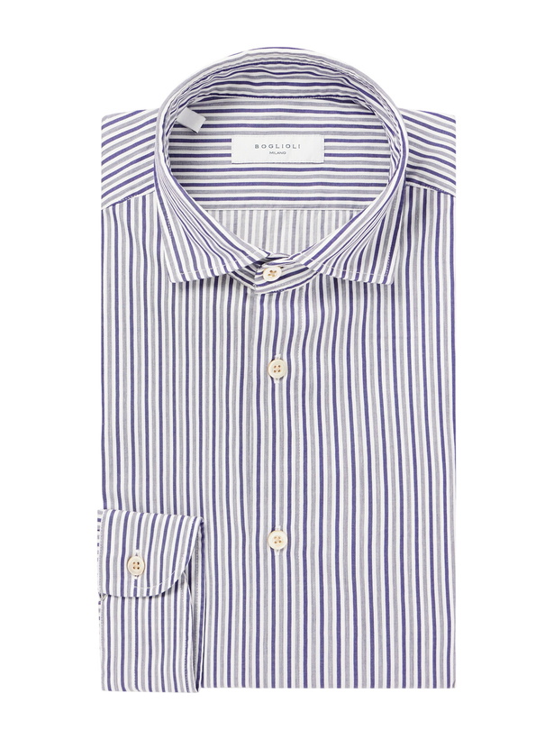 Photo: Boglioli - French Collar Striped Cotton Oxford Shirt - Blue
