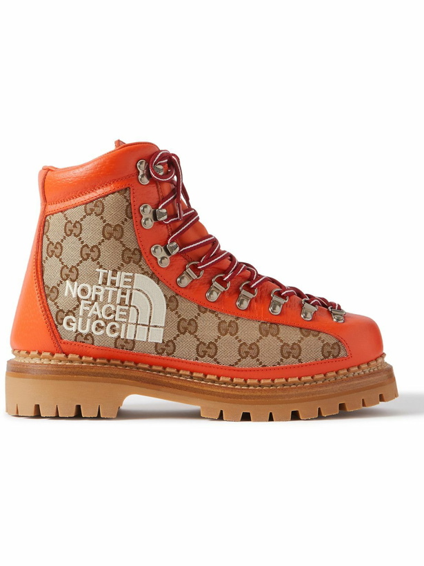 Photo: GUCCI - The North Face Logo-Embroidered Monogrammed Canvas and Leather Hiking Boots - Brown