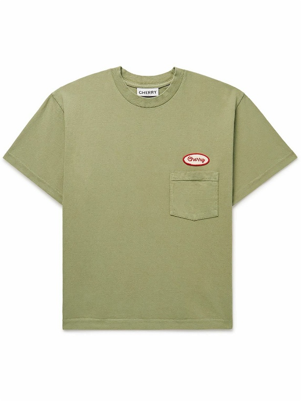 Photo: CHERRY LA - Logo-Appliquéd Cotton-Jersey T-Shirt - Green