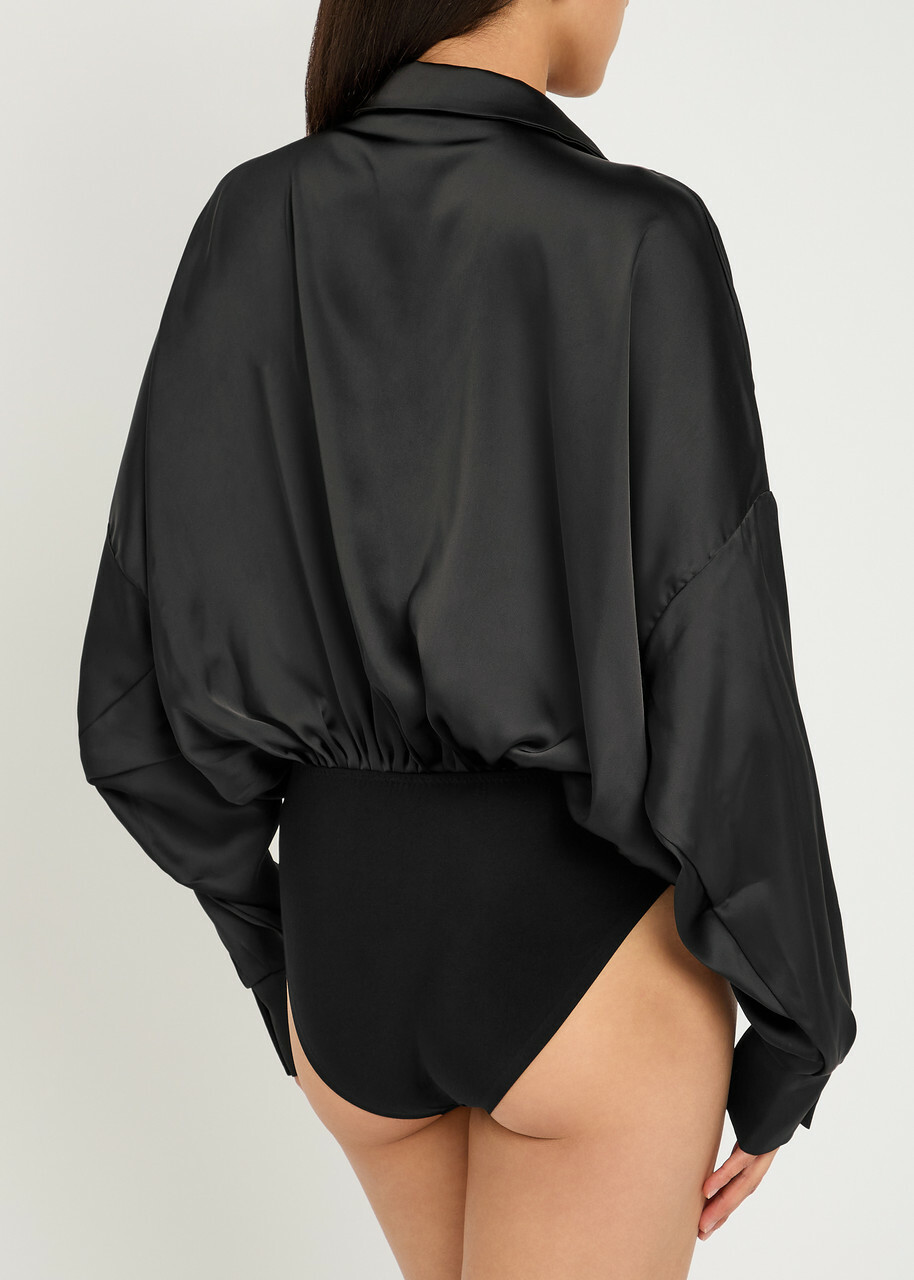 Norma Kamali Draped Satin Shirt Bodysuit Black