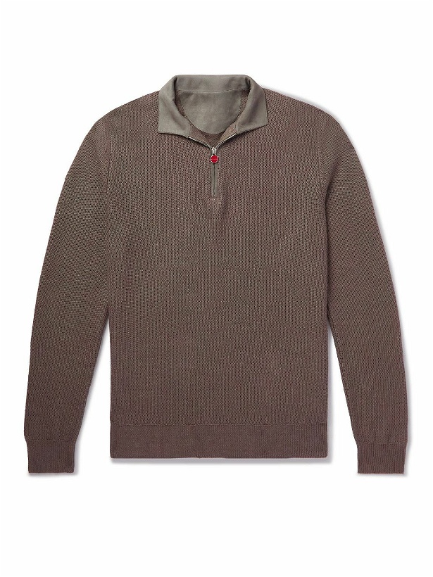 Photo: Kiton - Suede-Trimmed Honeycomb-Knit Linen and Cashmere-Blend Half-Zip Sweater - Brown