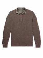 Kiton - Suede-Trimmed Honeycomb-Knit Linen and Cashmere-Blend Half-Zip Sweater - Brown