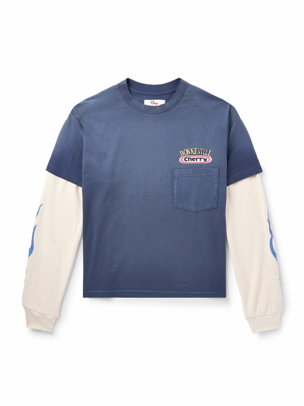Photo: Cherry Los Angeles - Bonneville Logo-Print Layered Cotton-Jersey and Waffle-Knit T-Shirt - Blue