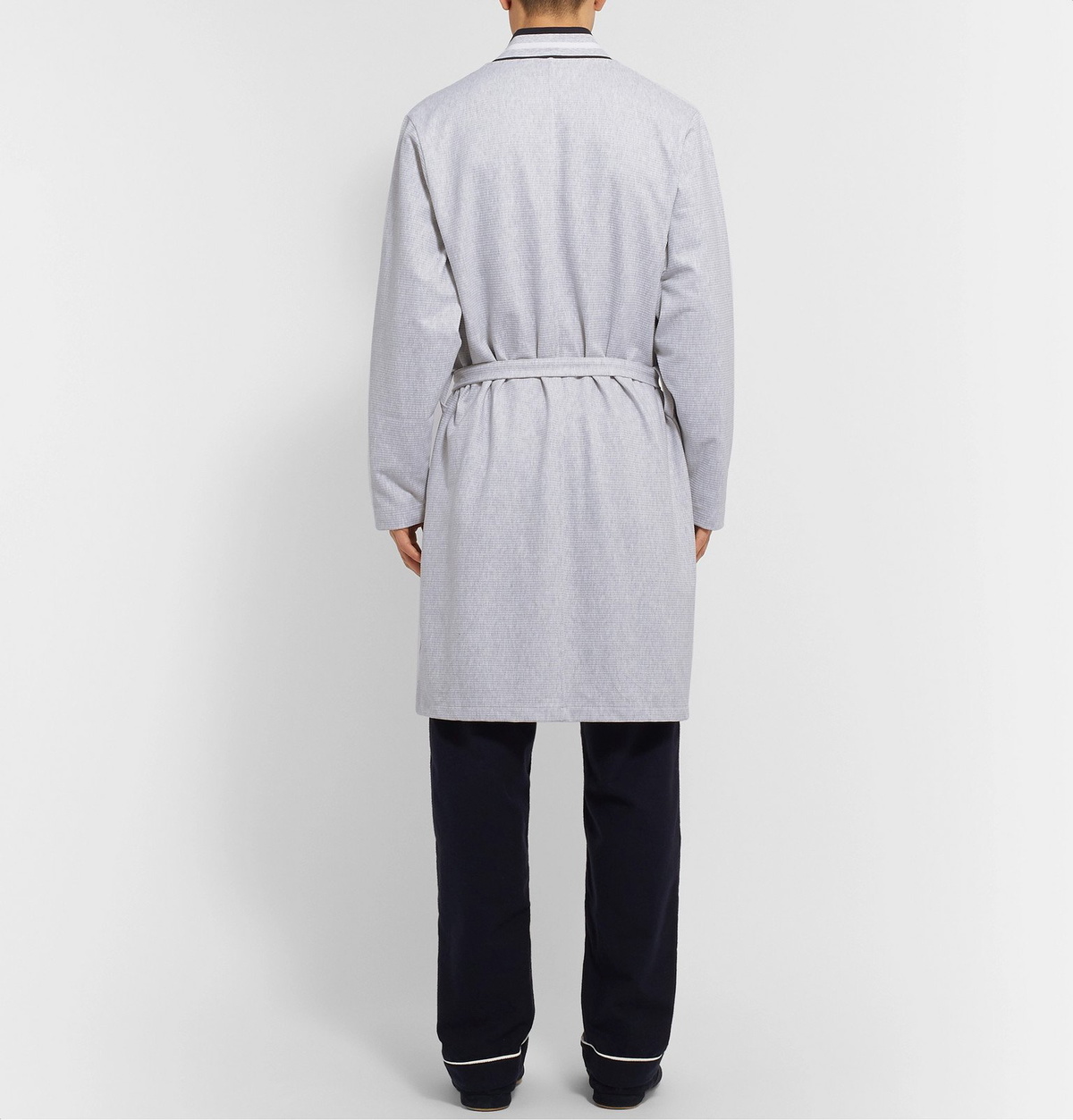 Hugo Boss - Striped-Trimmed Ribbed Mélange Cotton Robe - Gray Hugo Boss