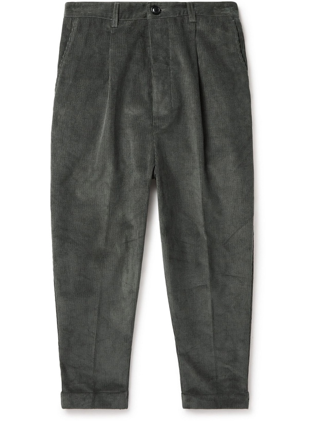 Photo: AMI PARIS - Pleated Tapered Cotton-Corduroy Trousers - Gray