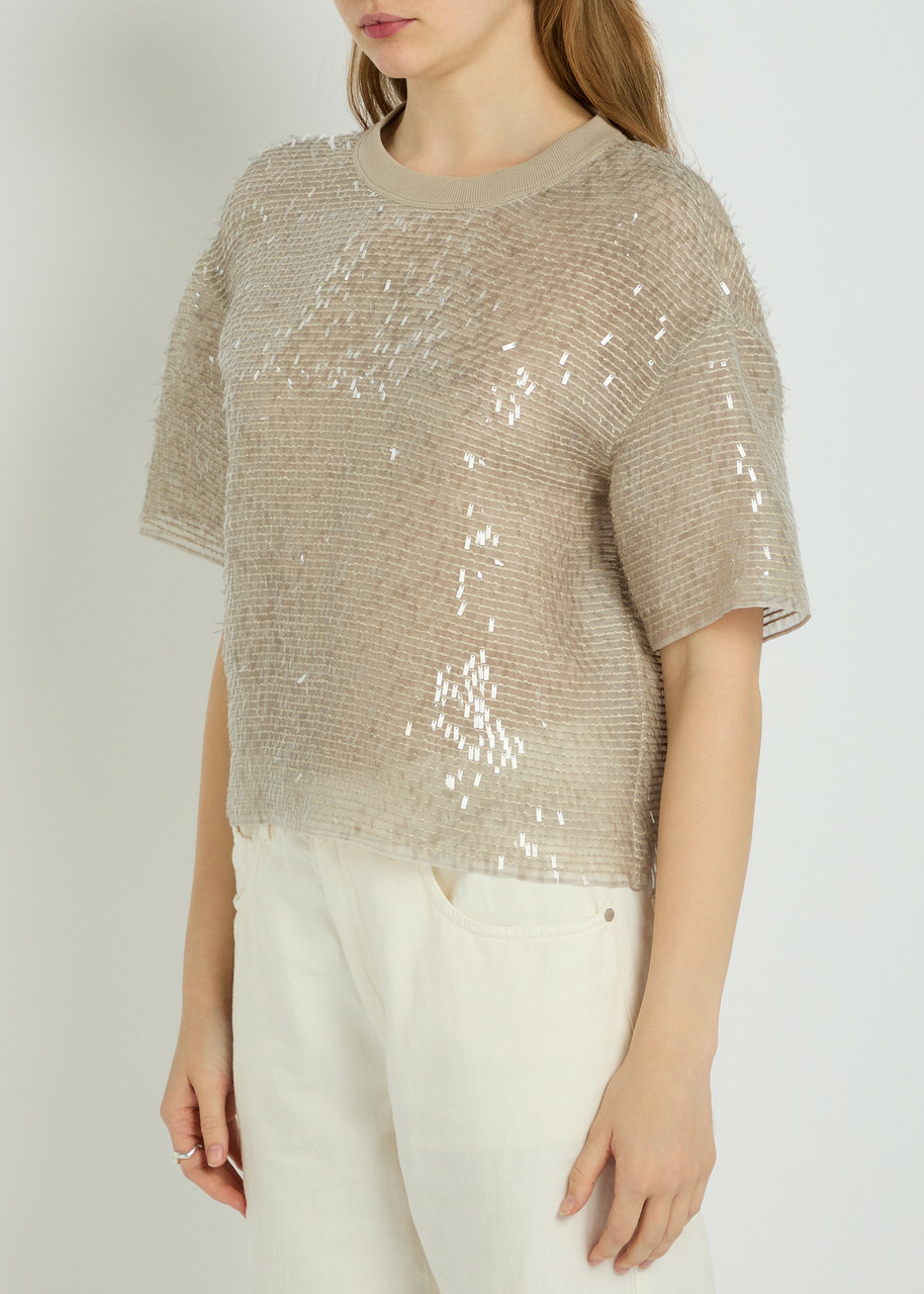 Brunello Cucinelli Embellished Silk Blouse Silver