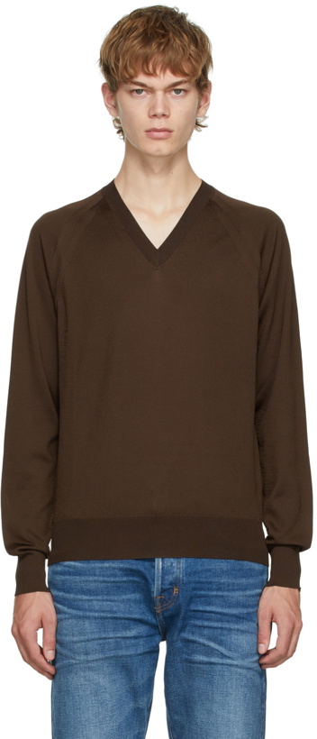 Photo: TOM FORD Brown Silk V-Neck Sweater