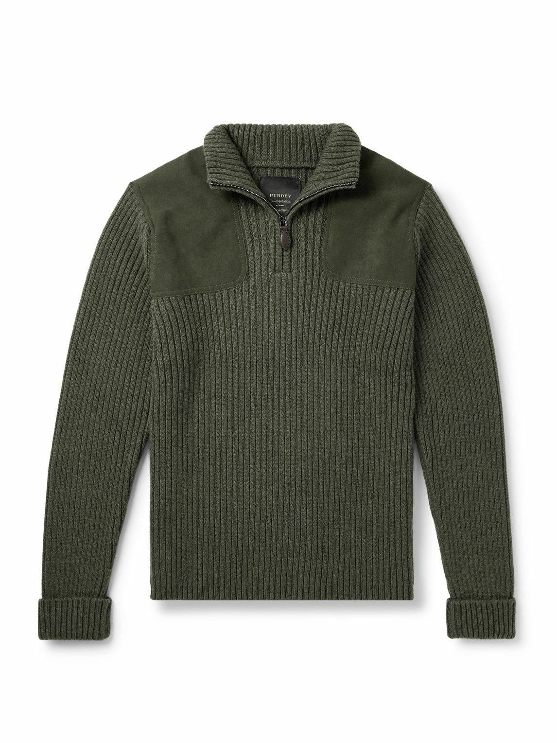 Purdey - Commando Suede-Trimmed Ribbed Wool Half-Zip Sweater - Green