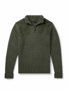 Purdey - Commando Suede-Trimmed Ribbed Wool Half-Zip Sweater - Green