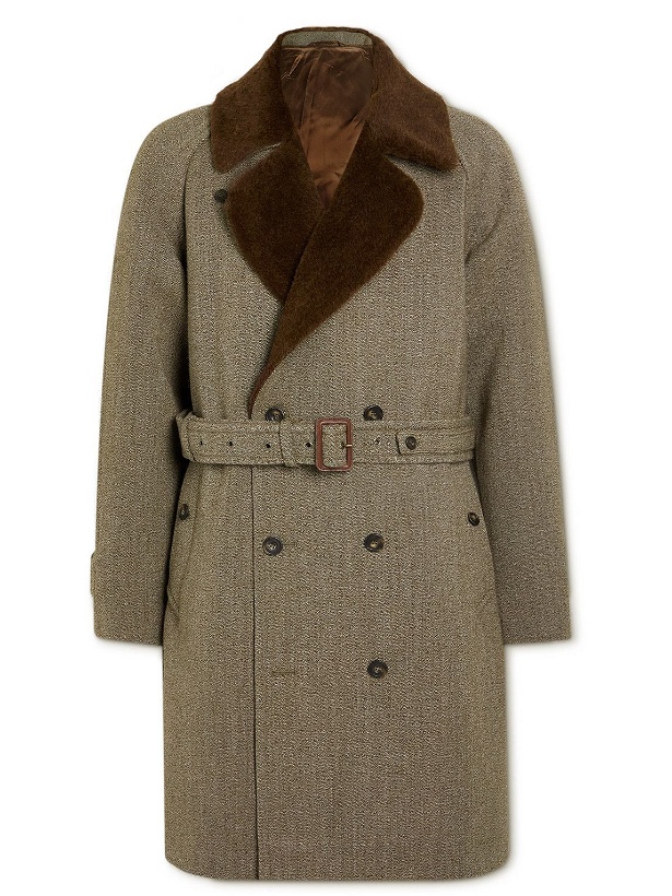 Photo: Kingsman - Shackleton Double-Breasted Belted Shearling-Trimmed Wool Coat - Brown
