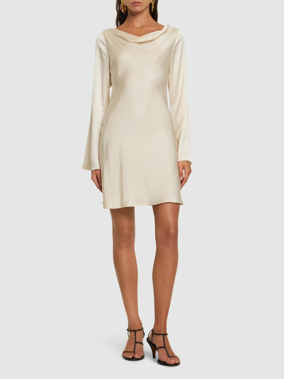 fitted lace wedding dress Long Sleeve Wrap Satin Mini Dress – New York & Company main image 0