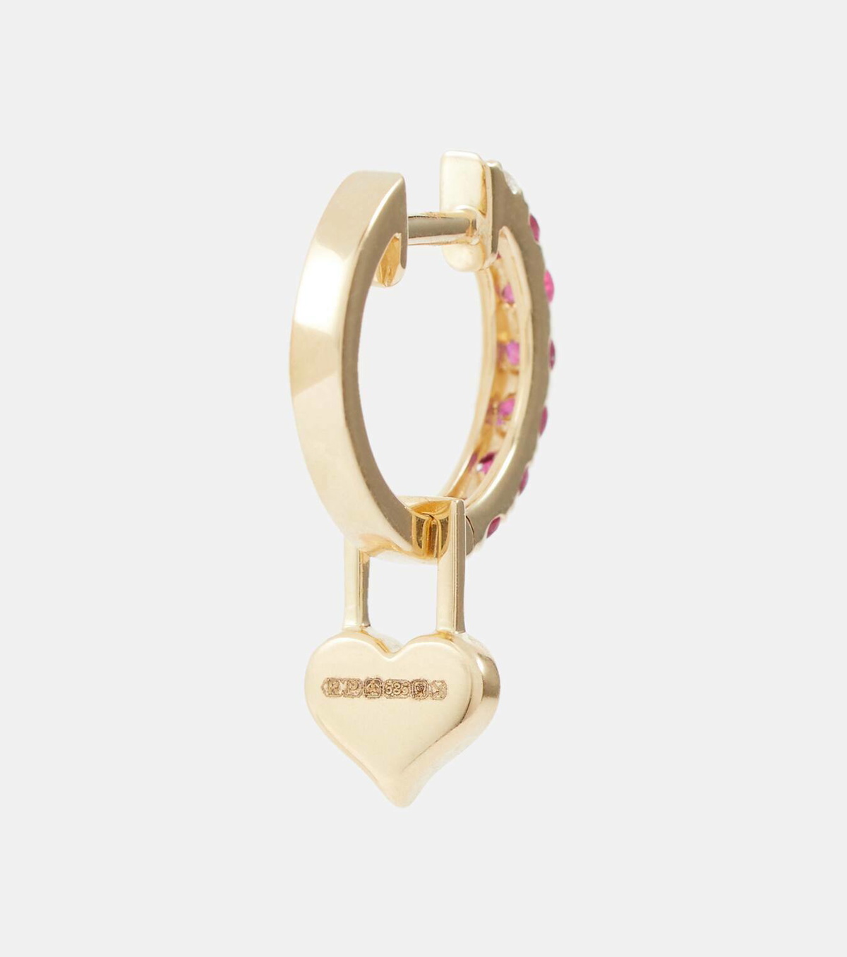 Robinson Pelham Orb Midi and Heart EarWish 14kt gold single hoop earring with diamonds and rubies