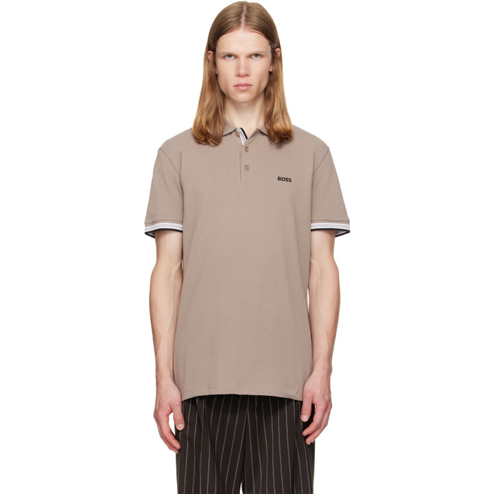 Photo: BOSS Taupe Contrast-Tipped Cotton Piqué Polo