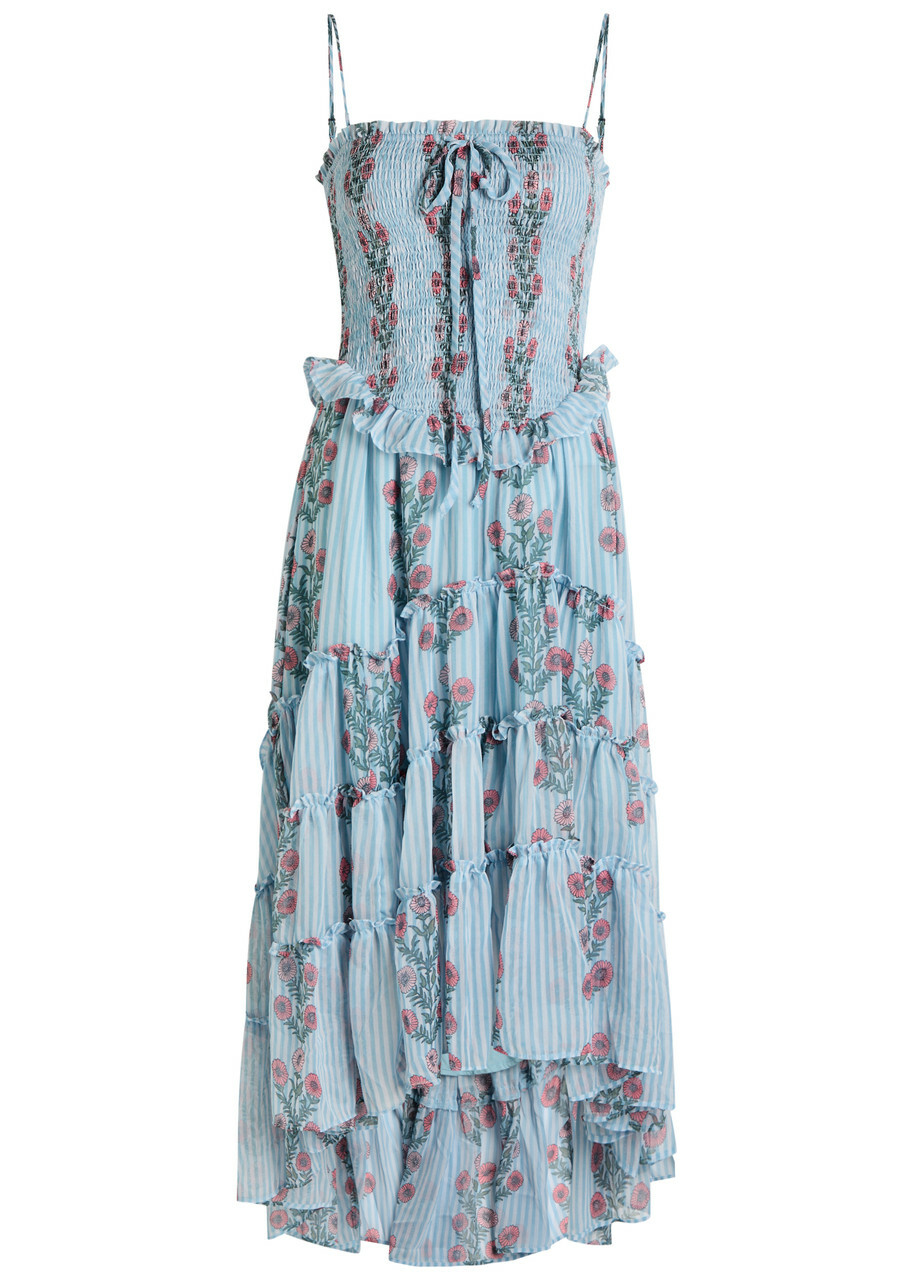 Free People Alejandra Floral Tiered Chiffon Midi Dress Blue