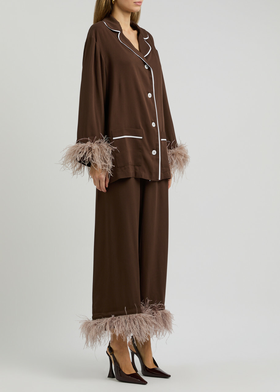 Sleeper Party Feather-trimmed Pyjama set Brown