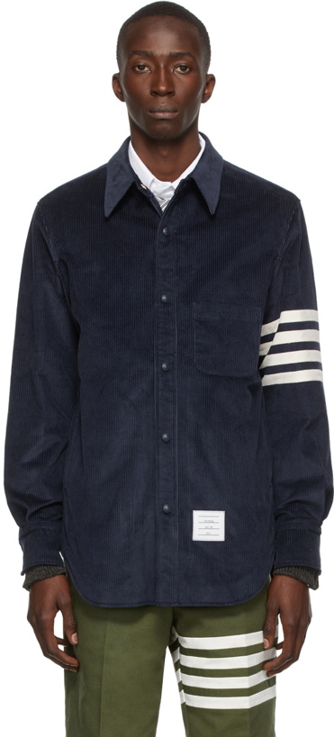 Photo: Thom Browne Navy Corduroy 4-Bar Snap Front Shirt Jacket