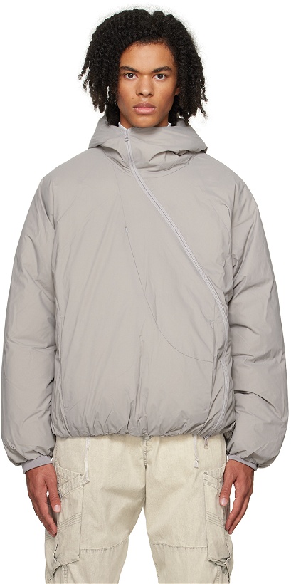 Photo: POST ARCHIVE FACTION (PAF) Gray Offset Zip Down Jacket