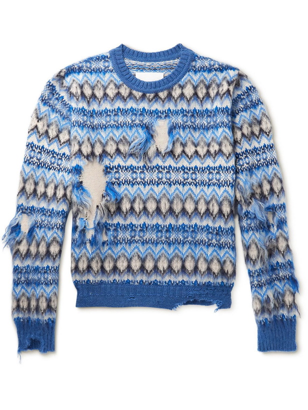 Photo: Maison Margiela - Slim-Fit Distressed Fair Isle Wool and Cotton-Blend Jacquard Sweater - Blue