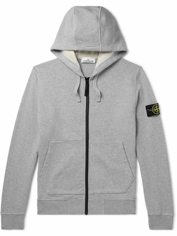 Photo: Stone Island - Garment-Dyed Logo-Appliquéd Cotton-Jersey Zip-Up Hoodie - Gray