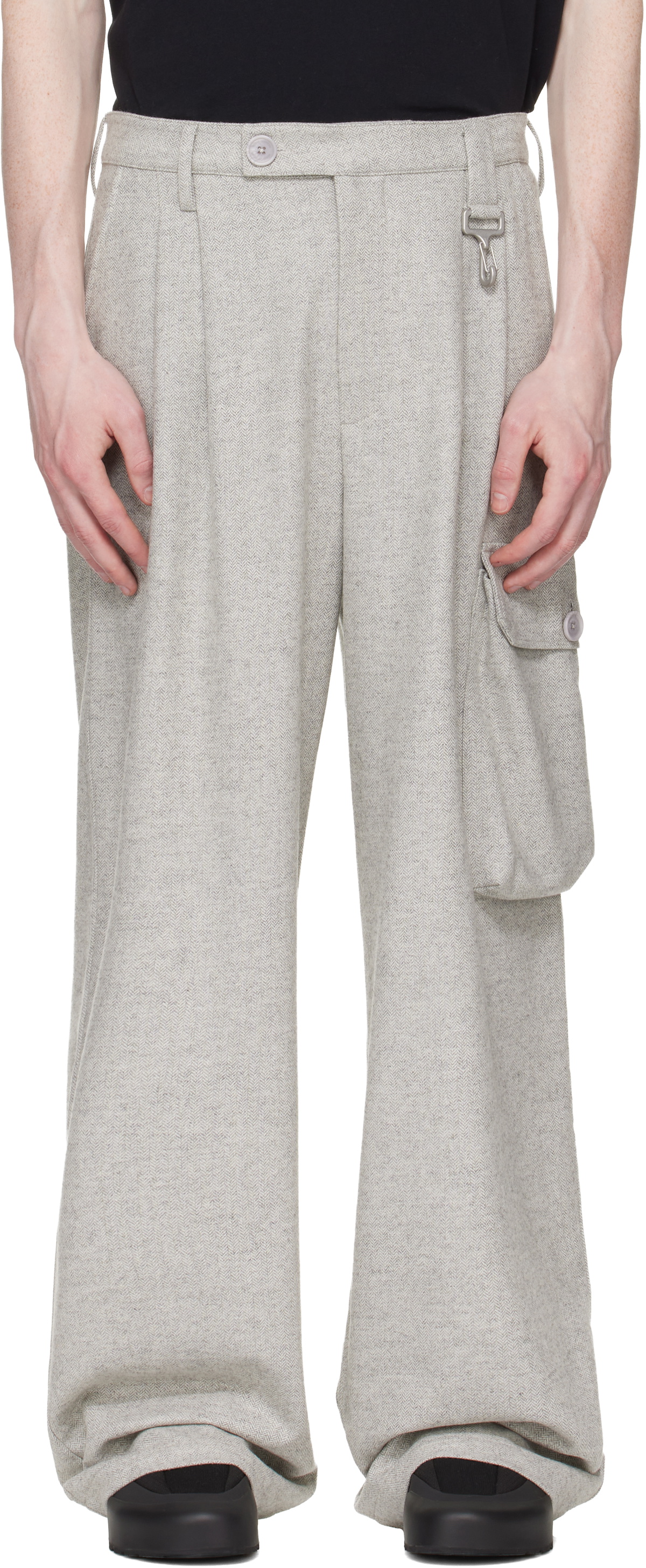 Reese Cooper Gray Wool Herringbone Pleated Cargo Pants